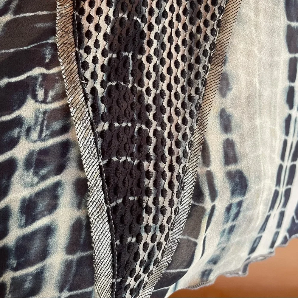 Burning Torch Upcycled Silk Blouse in Tie Dye Indigo on light Gray mesh detail - Picture 13 of 16